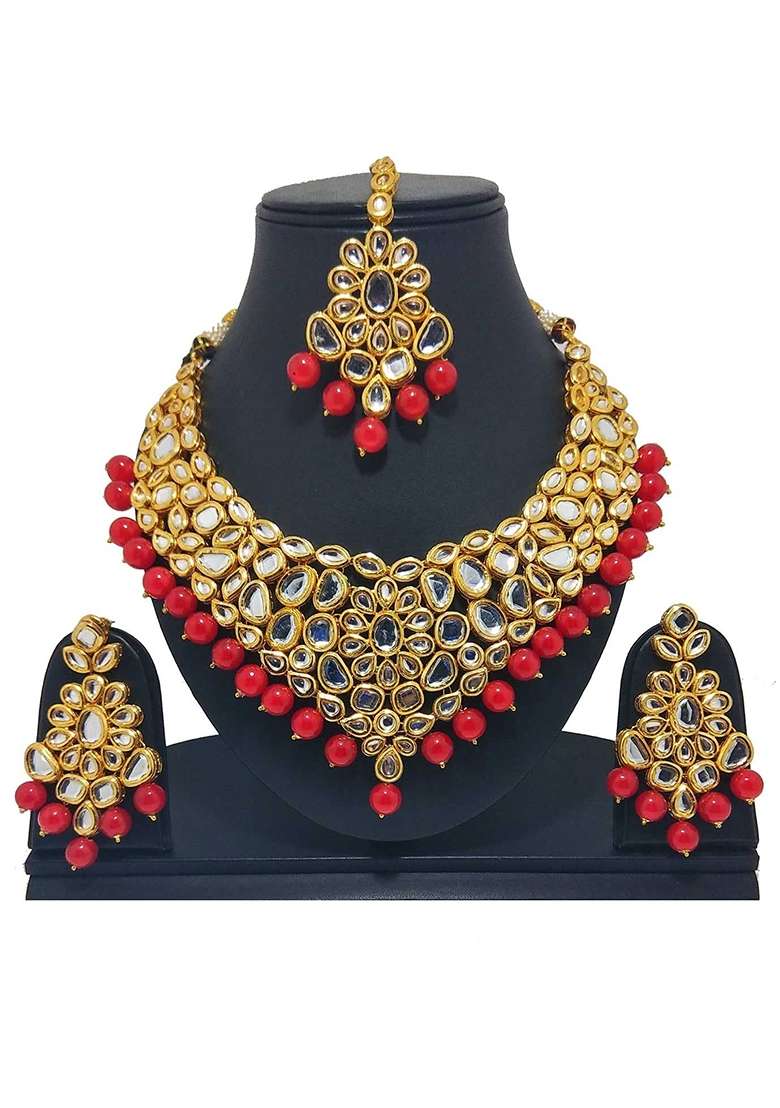 Gold Plated Cherry Red Kundan Stone Earring With Necklace Set - Indya