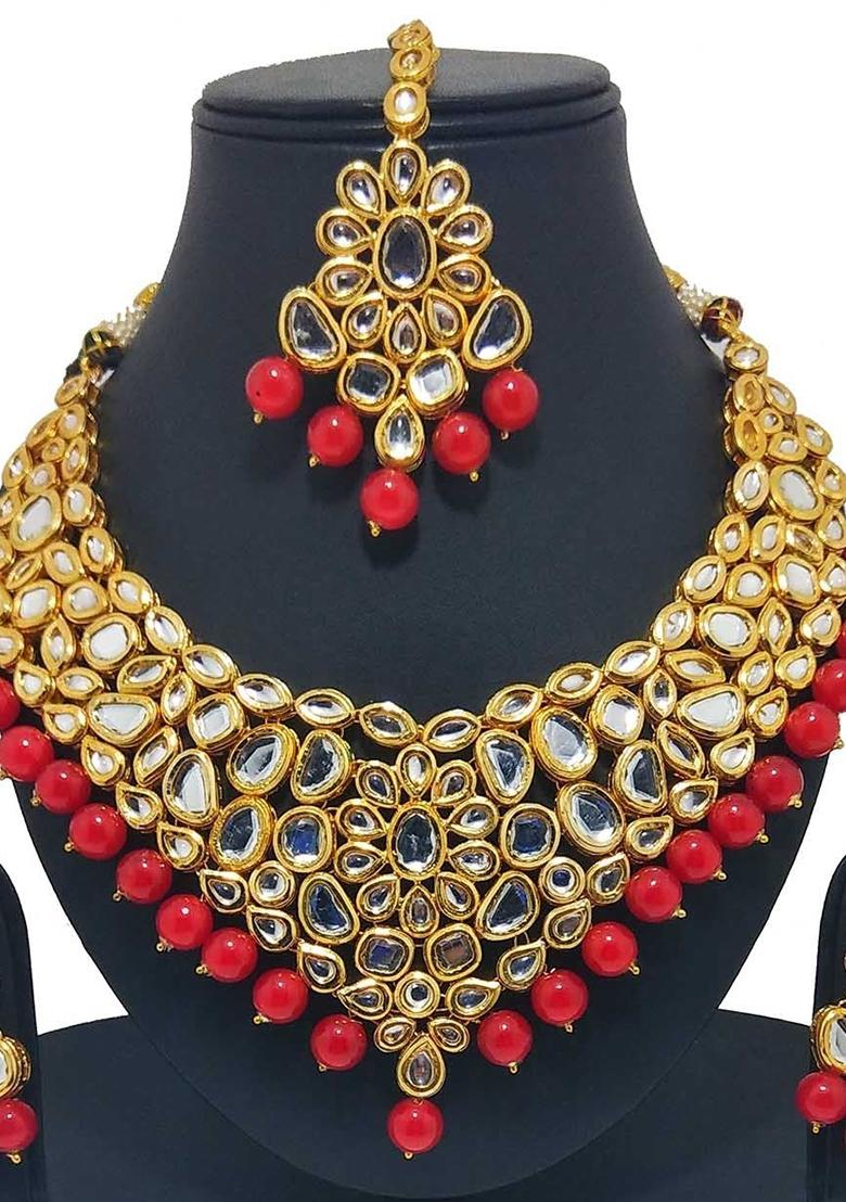 Gold Plated Cherry Red Kundan Stone Earring With Necklace Set