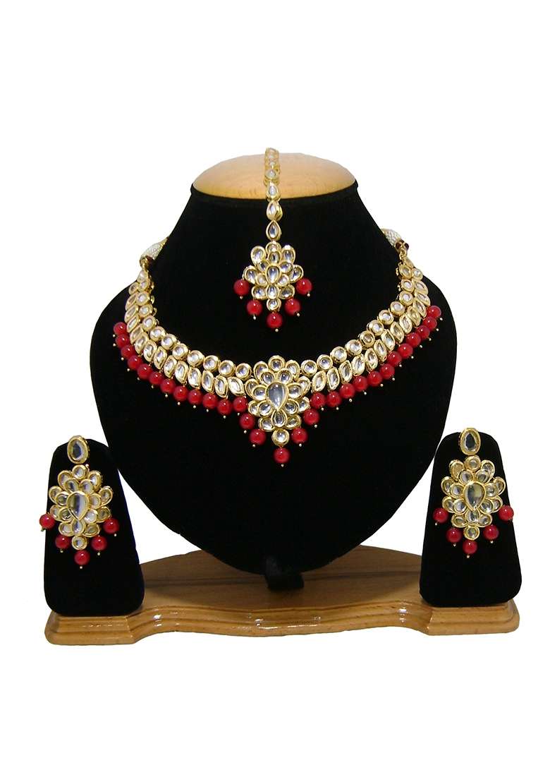 Gold Plated Red Kundan Stone Earring With Necklace Set - Indya