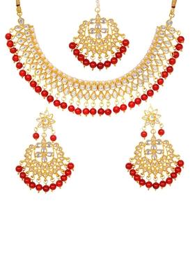 Gold Plated Red Kundan Stone Earring With Necklace Set