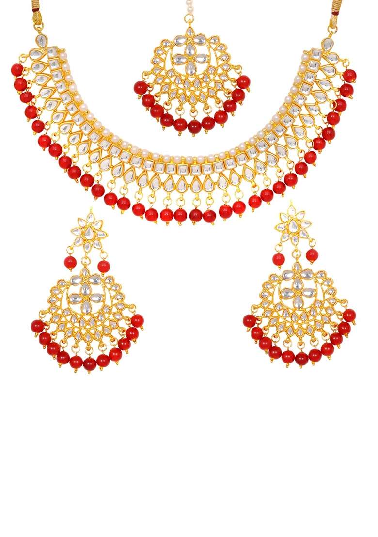 Gold Plated Red Kundan Stone Earring With Necklace Set - Indya