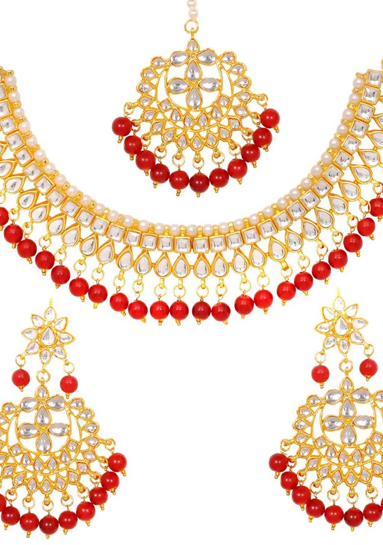 Gold Plated Red Kundan Stone Earring With Necklace Set