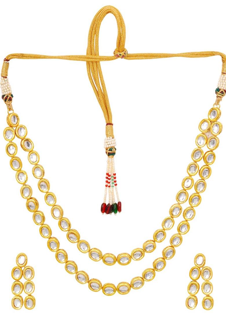 Gold Plated White Kundan Stone Earring With Necklace Set