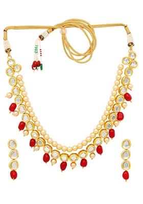 Gold Plated Red Kundan Stone Earring With Necklace Set