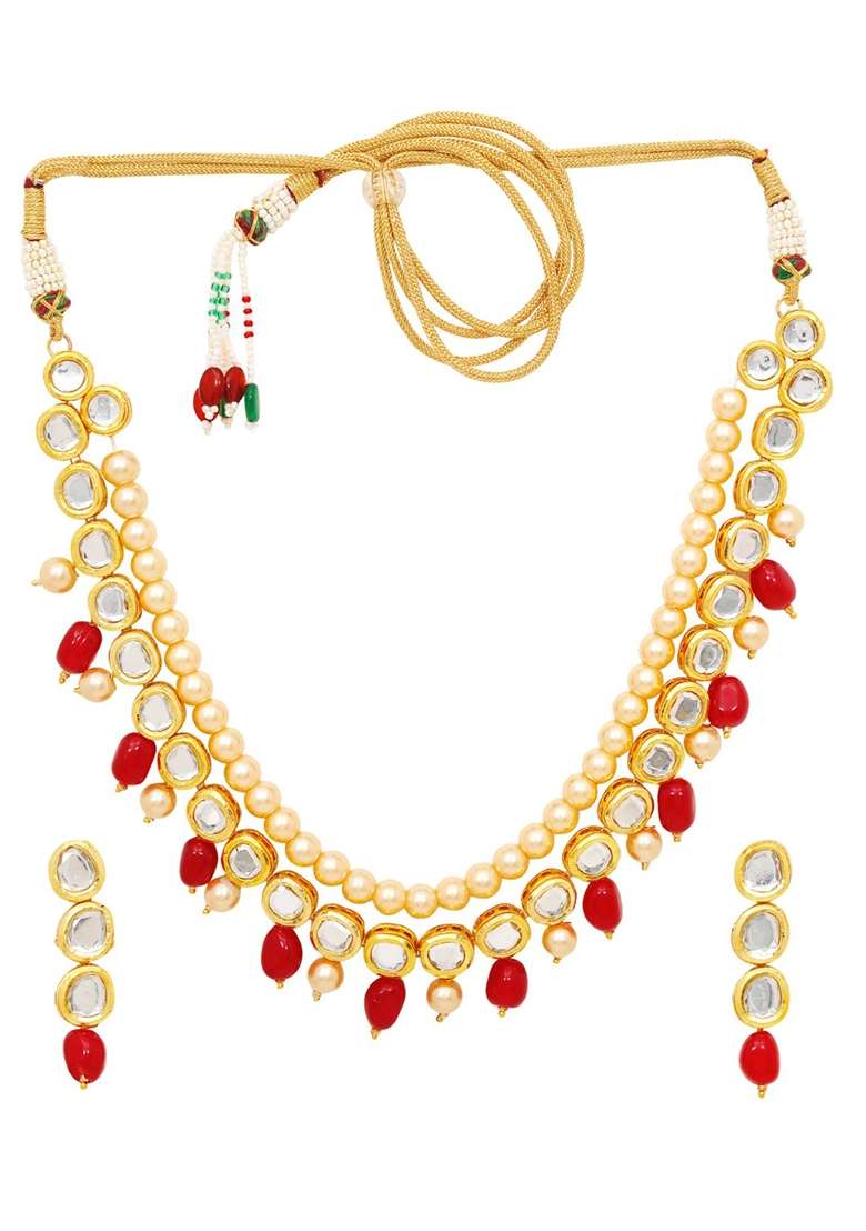 Gold Plated Red Kundan Stone Earring With Necklace Set - Indya