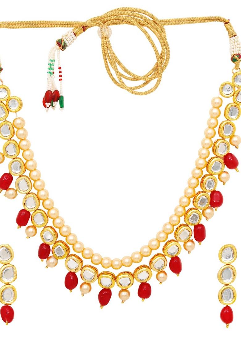 Gold Plated Red Kundan Stone Earring With Necklace Set