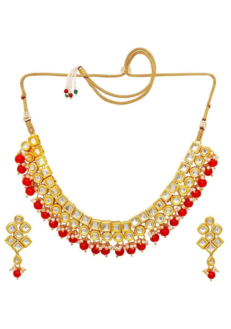 Gold Plated Red Kundan Stone Earring With Necklace Set - Indya