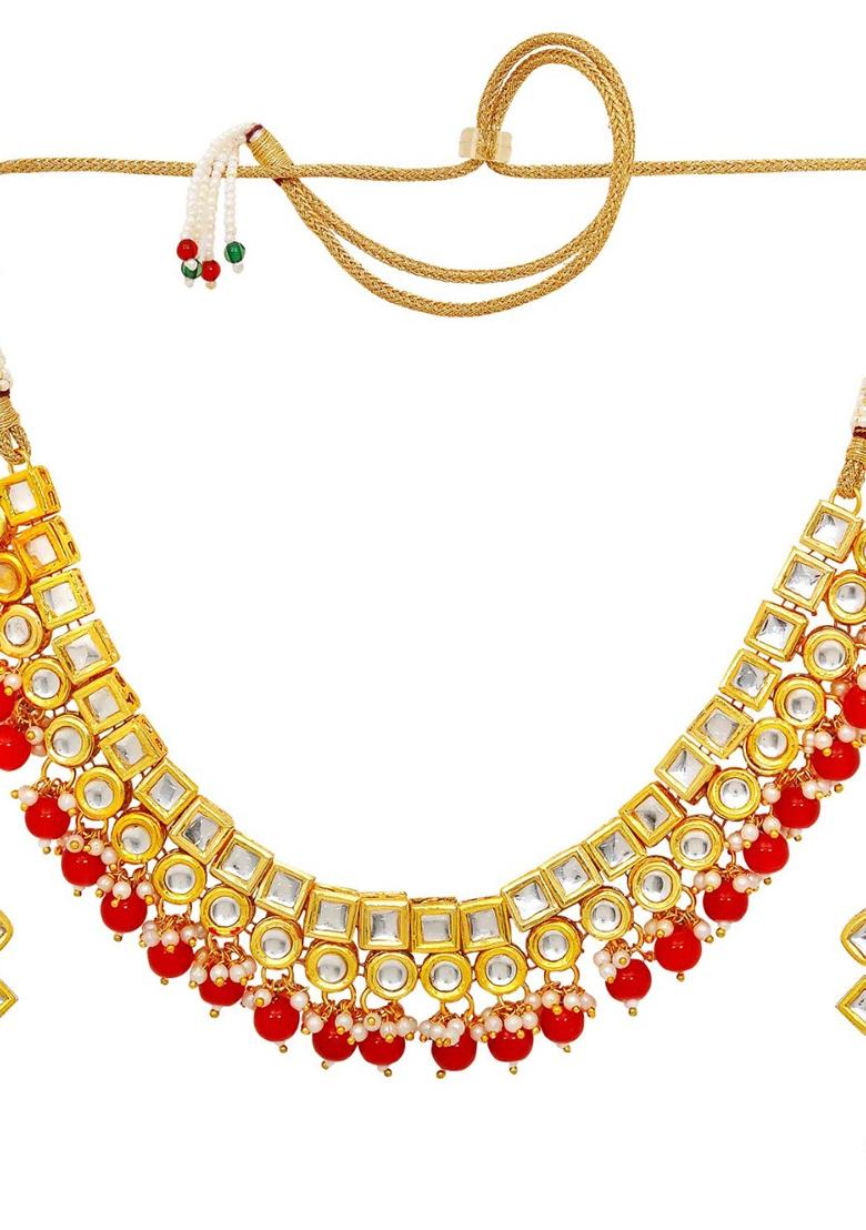 Gold Plated Red Kundan Stone Earring With Necklace Set