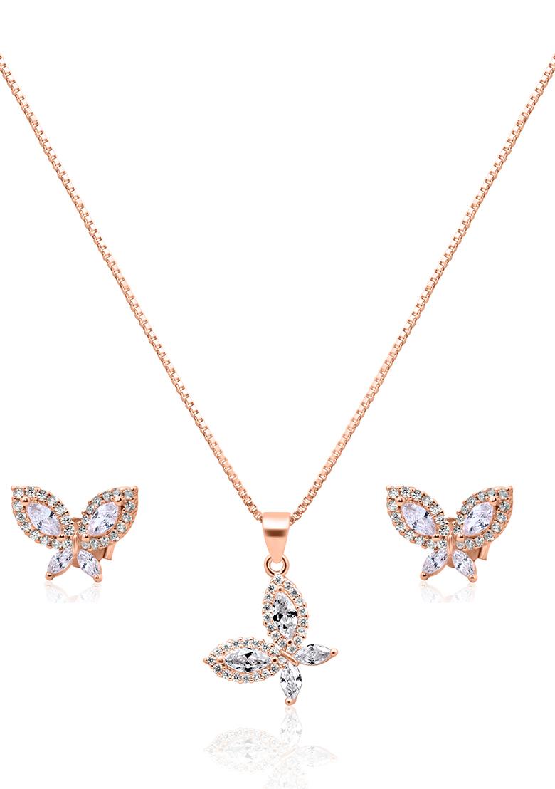 925 Pure Silver Zircon Studded Rose Gold Chain Pendant Set