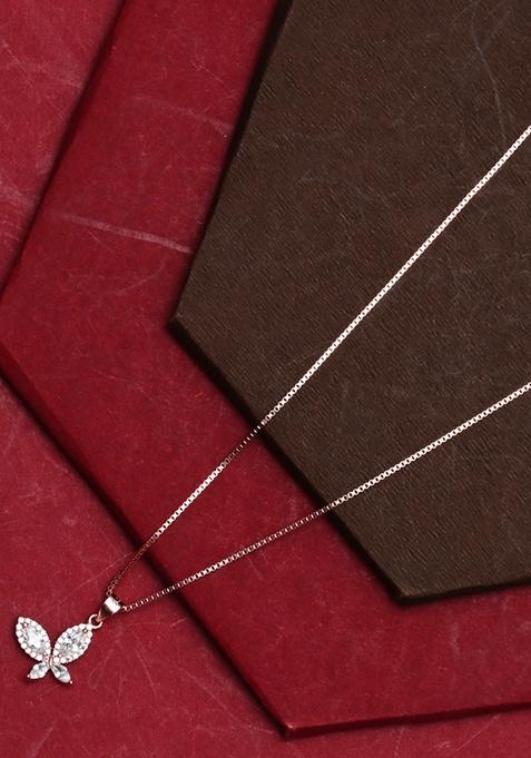 925 Pure Silver Zircon Studded Rose Gold Chain Pendant Set