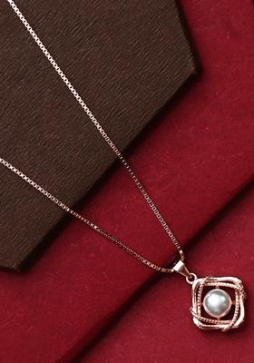 925 Pure Silver Rose Gold Pearl Chain Pendant Set