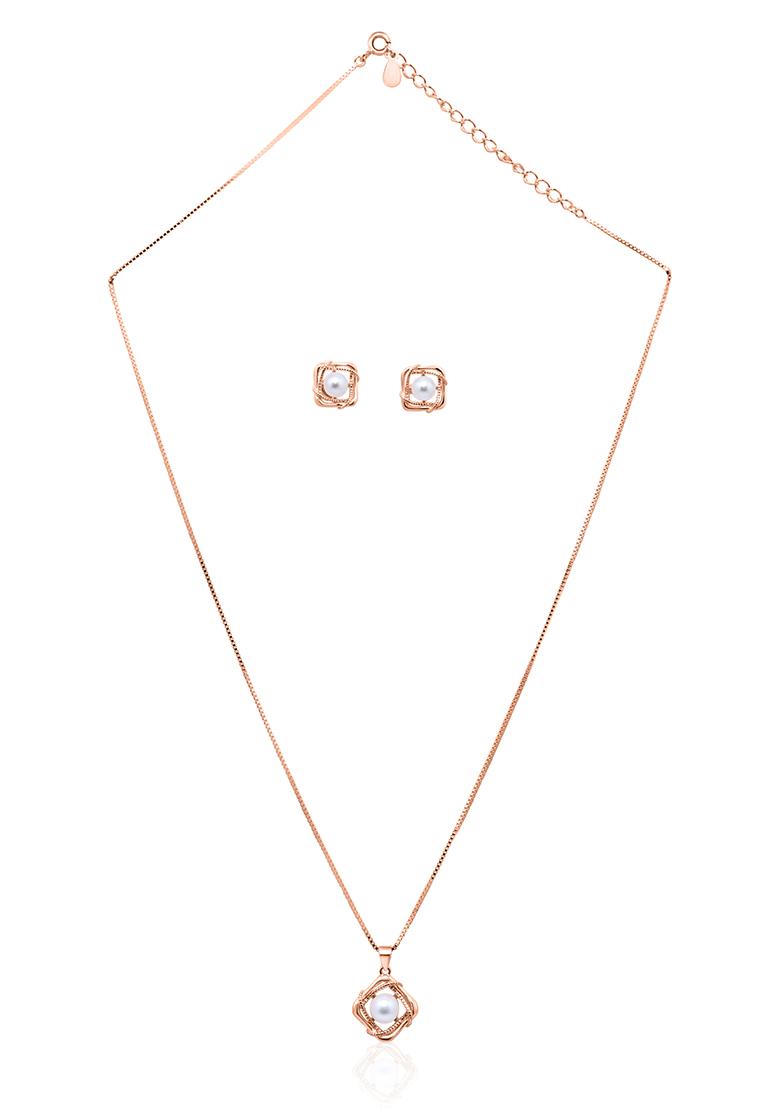 925 Pure Silver Rose Gold Pearl Chain Pendant Set