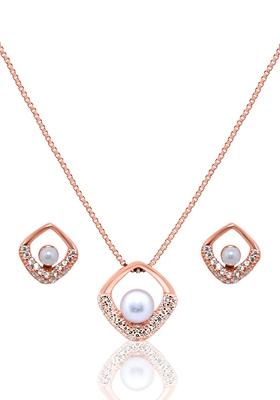 925 Pure Silver Zircon Studded Rose Gold Chain Pendant Set