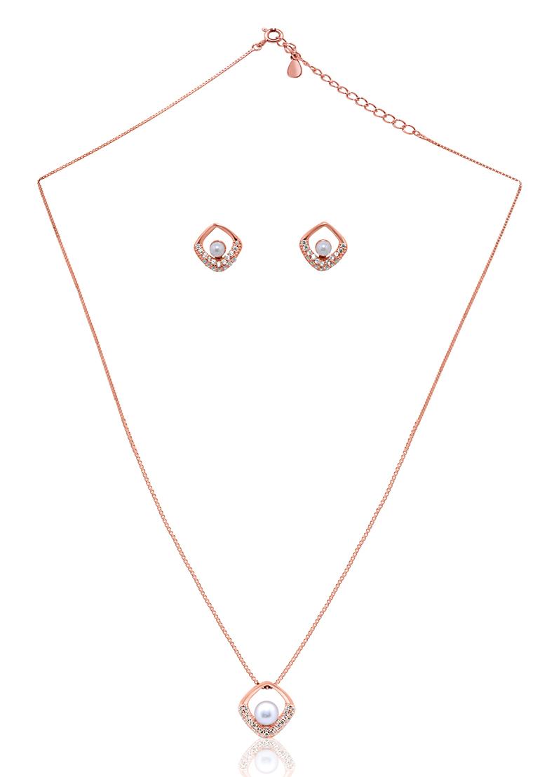 925 Pure Silver Zircon Studded Rose Gold Chain Pendant Set