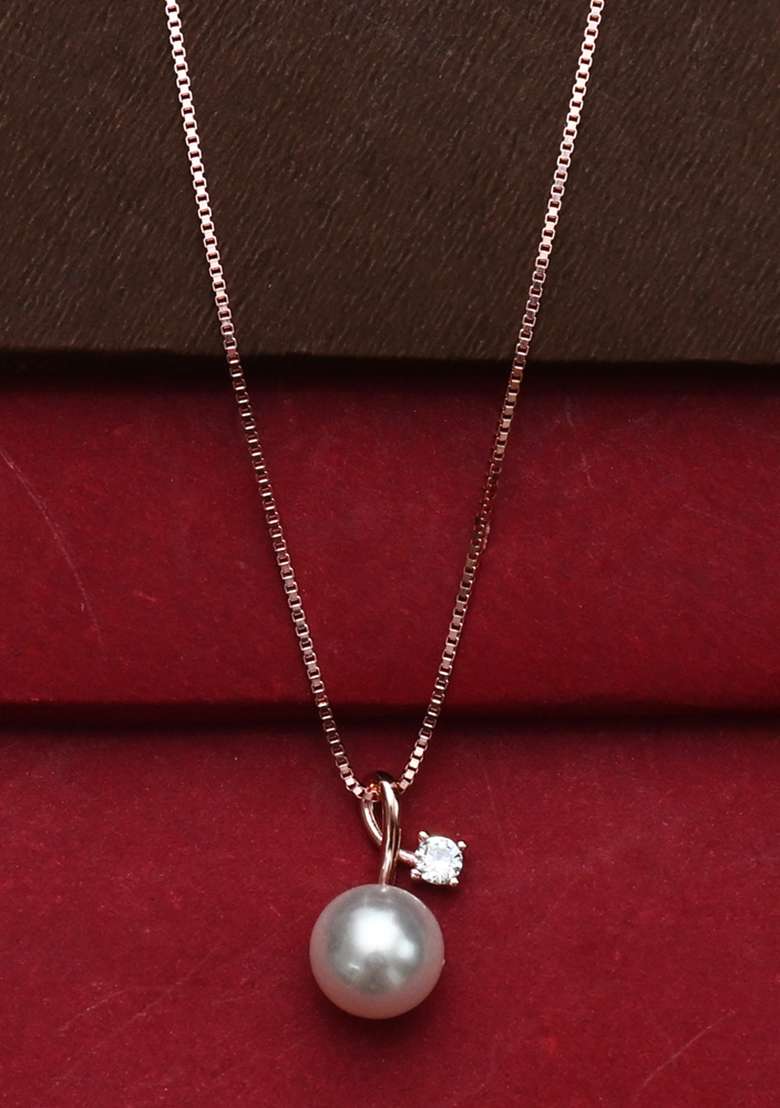 925 Pure Silver Rose Gold Pearl Chain Pendant Set - Indya
