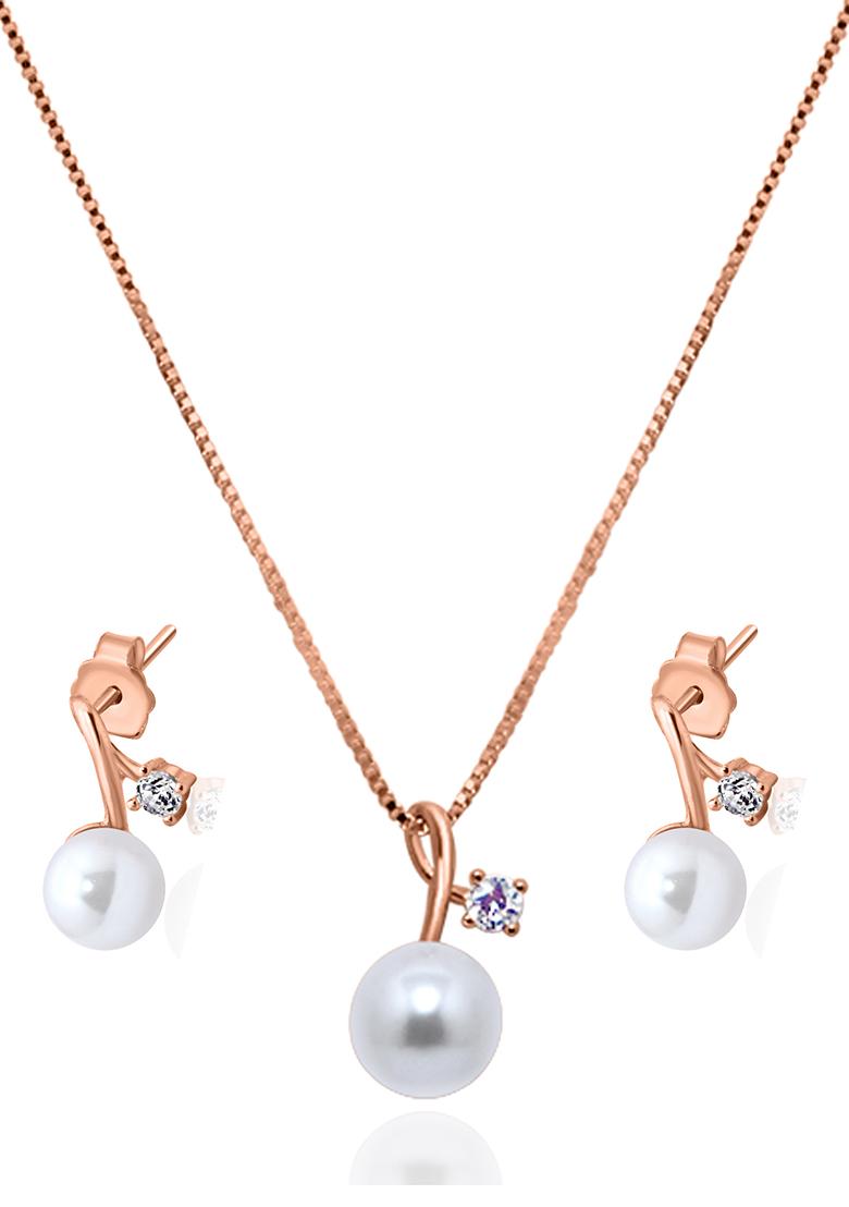 925 Pure Silver Rose Gold Pearl Chain Pendant Set