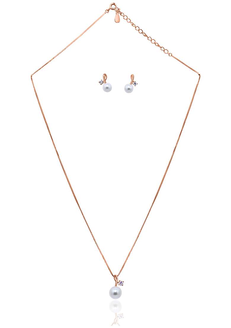 925 Pure Silver Rose Gold Pearl Chain Pendant Set - Indya