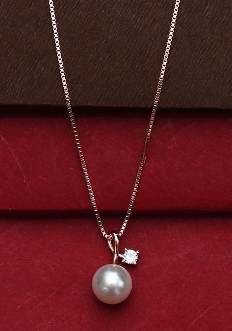 925 Pure Silver Rose Gold Pearl Chain Pendant Set