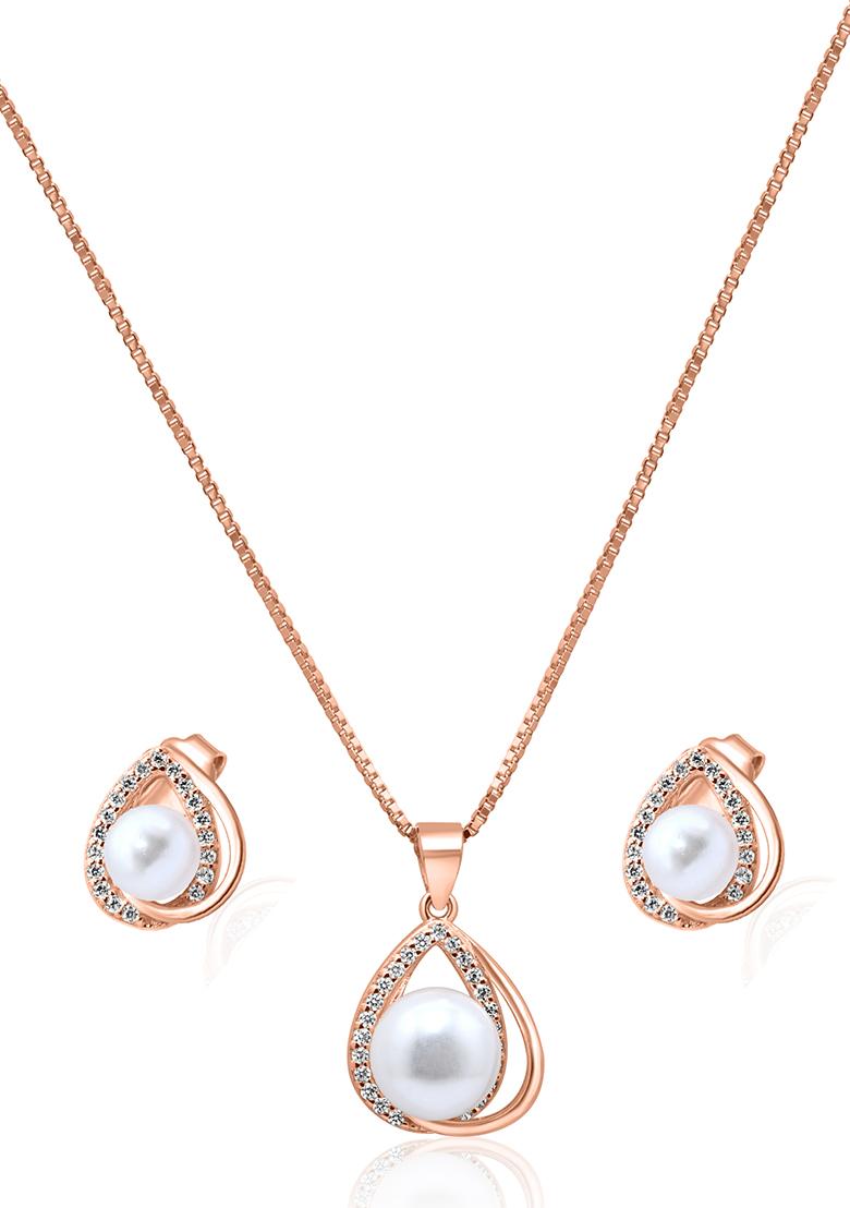 925 Pure Silver Zircon Studded Rose Gold Chain Pendant Set