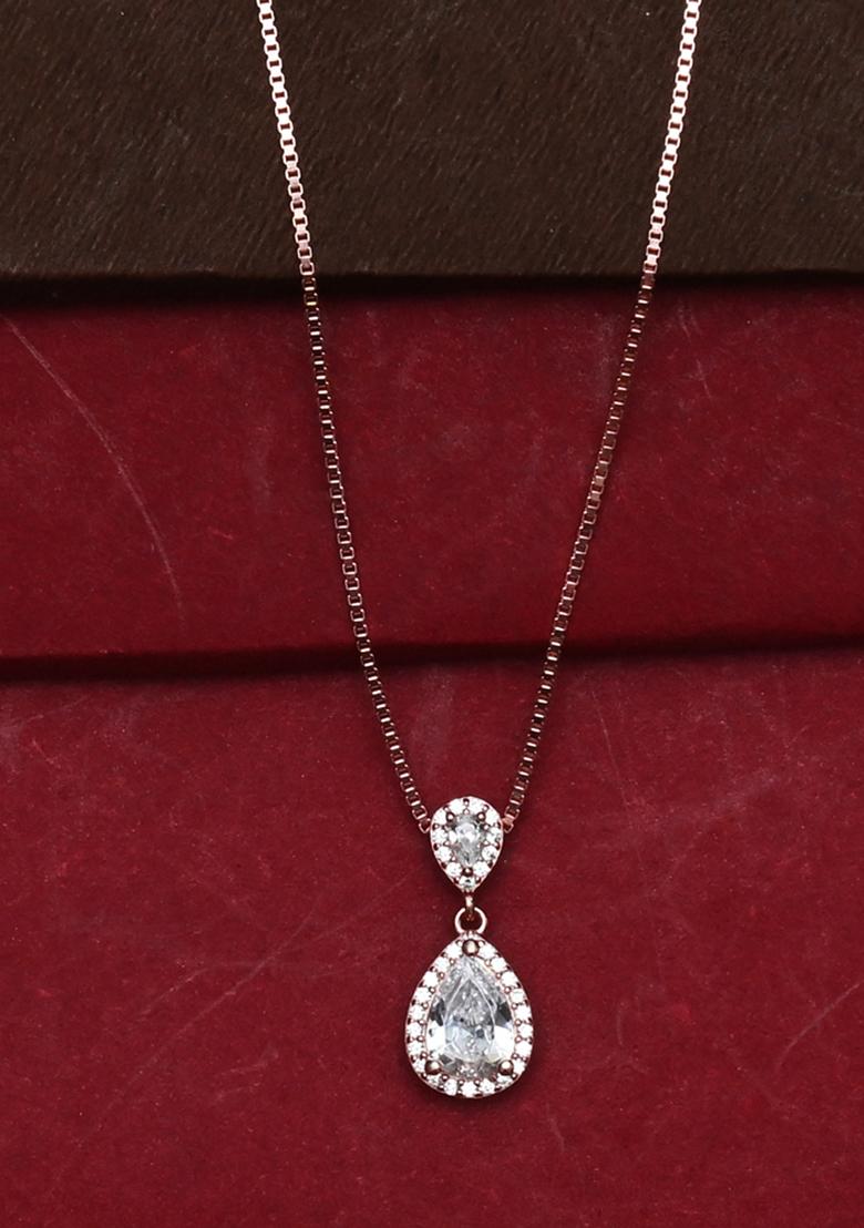 925 Pure Silver Zircon Studded Rose Gold Chain Pendant Set