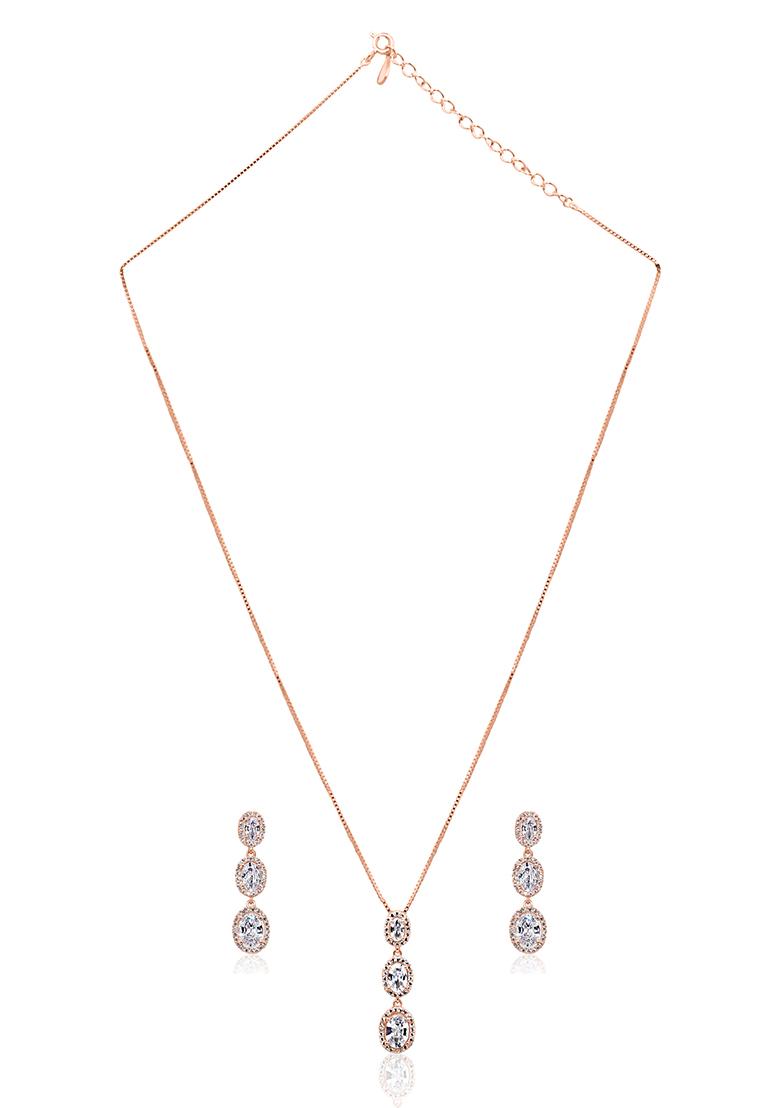 925 Pure Silver Zircon Studded Rose Gold Chain Pendant Set