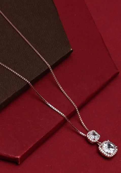 925 Pure Silver Zircon Studded Rose Gold Chain Pendant Set