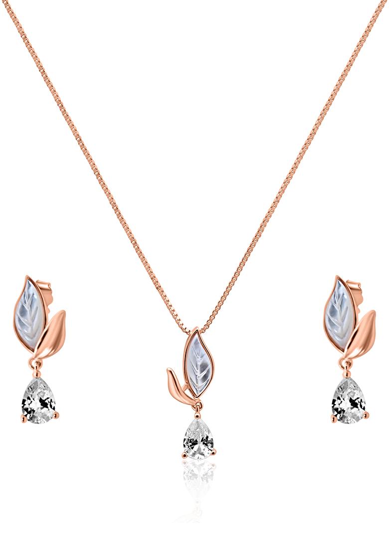 925 Pure Silver Zircon Studded Rose Gold Chain Pendant Set