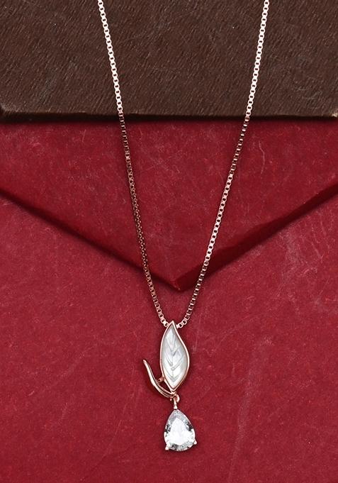 925 Pure Silver Zircon Studded Rose Gold Chain Pendant Set