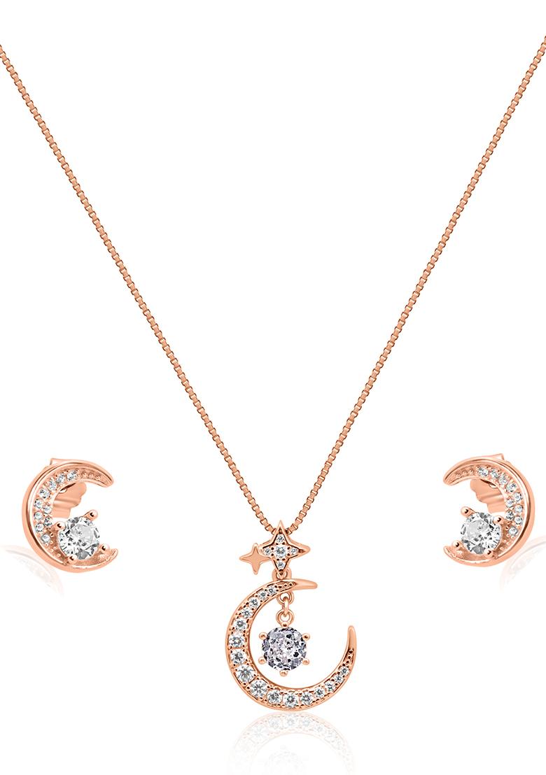 925 Pure Silver Zircon Studded Rose Gold Chain Pendant Set