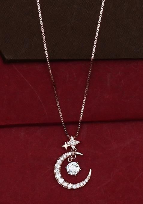 925 Pure Silver Zircon Studded Rose Gold Chain Pendant Set