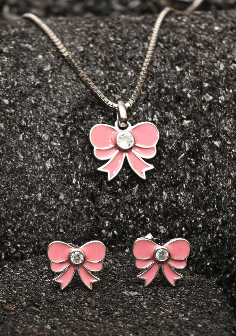 Peach 925 Pure Silver Butterfly Inspired Chain Pendant Set - Indya