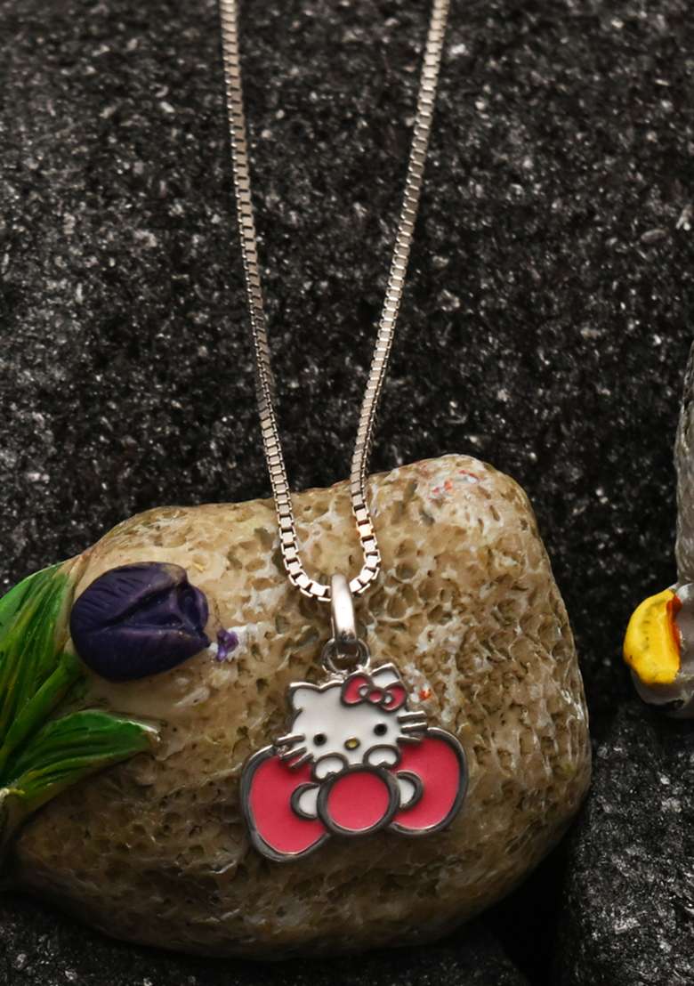 Peach 925 Pure Silver Hello Kitty Inspired Chain Pendant Set - Indya