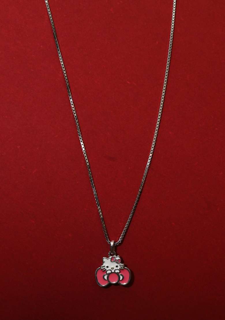 Peach 925 Pure Silver Hello Kitty Inspired Chain Pendant Set - Indya