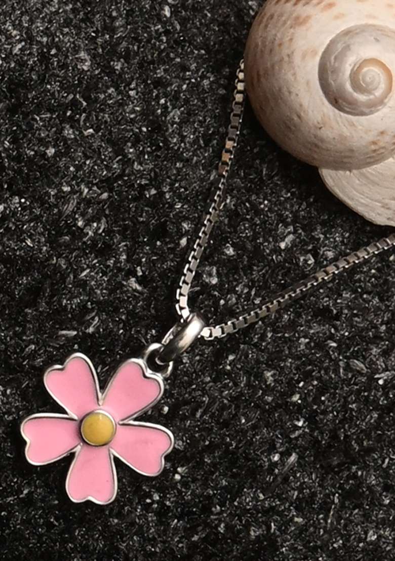 Pink 925 Pure Silver Floral Chain Pendant Set - Indya