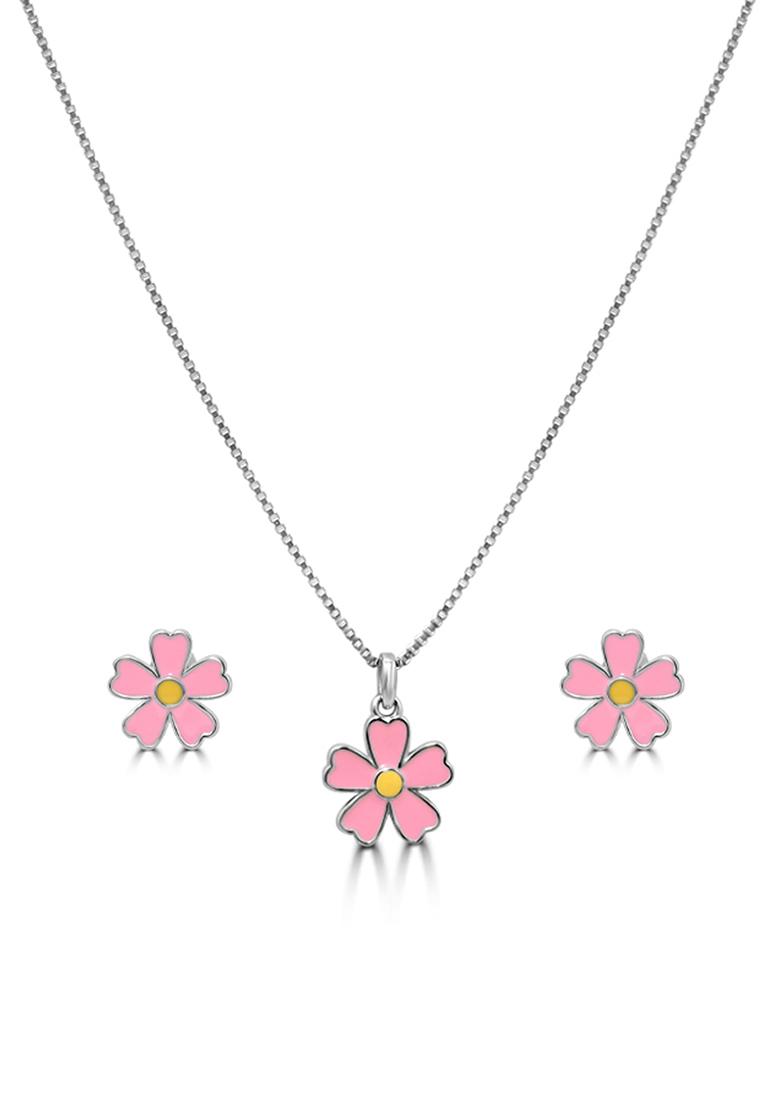 Pink 925 Pure Silver Floral Chain Pendant Set