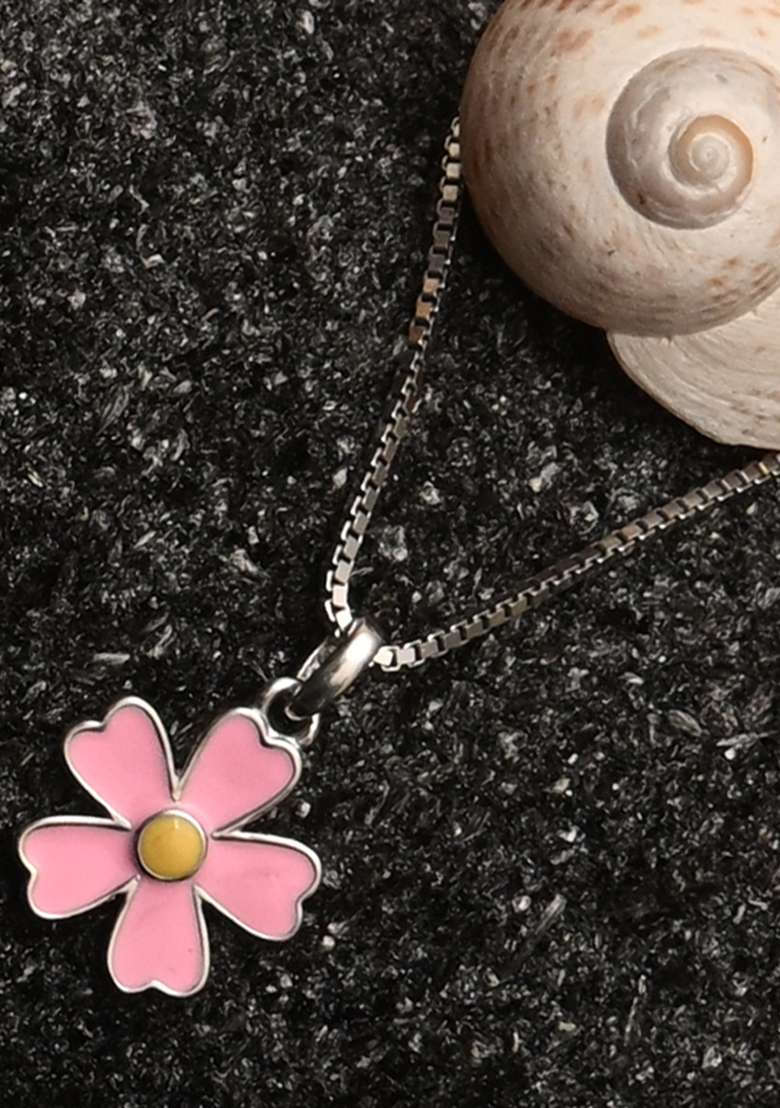 Pink 925 Pure Silver Floral Chain Pendant Set - Indya