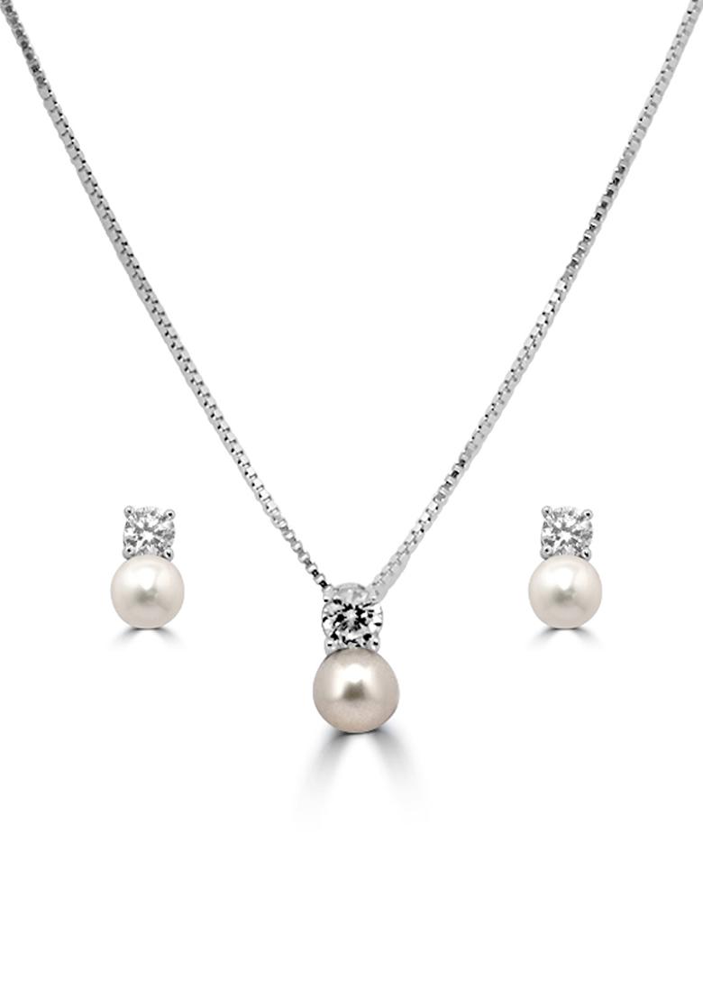925 Pure Silver Pearl Zircon Studded Chain Pendant Set