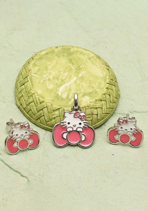Peach 925 Pure Silver Hello Kitty Inspired Pendant Set