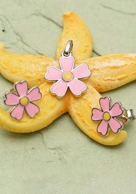 Pink 925 Pure Silver Floral Pendant Set