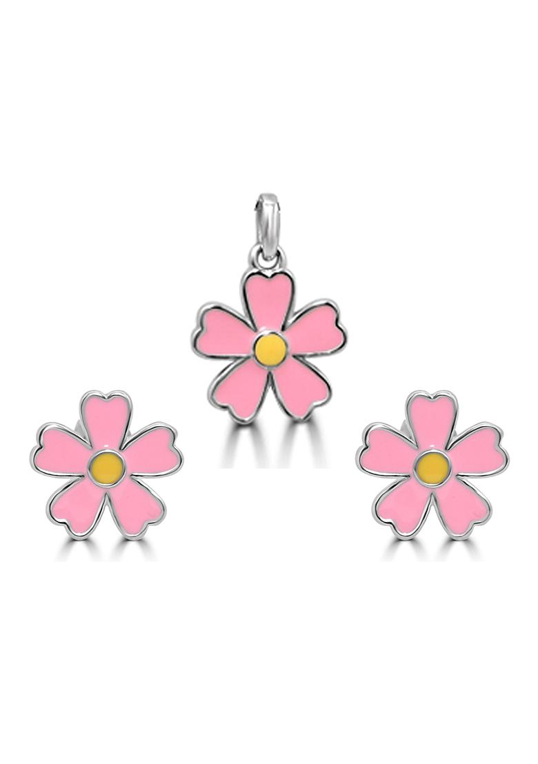 Pink 925 Pure Silver Floral Pendant Set