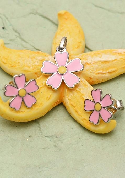Pink 925 Pure Silver Floral Pendant Set