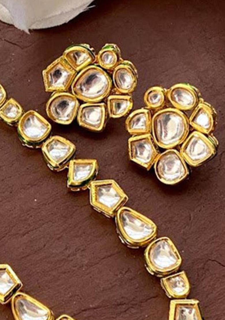 Golden And Cream Kundan Stone Work Alloy Necklace Set