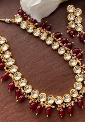 Maroon Kundan Stone Work Alloy Necklace Set