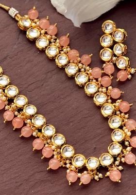 Peach Kundan Stone Work Alloy Necklace Set