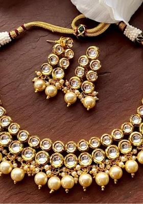 Cream Kundan Stone Work Alloy Necklace Set