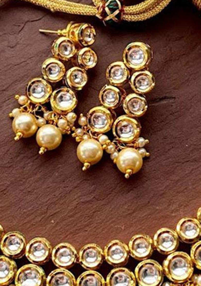 Cream Kundan Stone Work Alloy Necklace Set