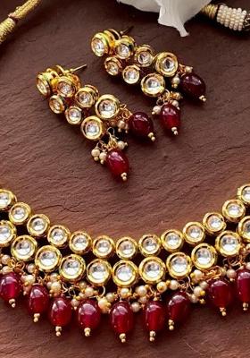Maroon Kundan Stone Work Alloy Necklace Set