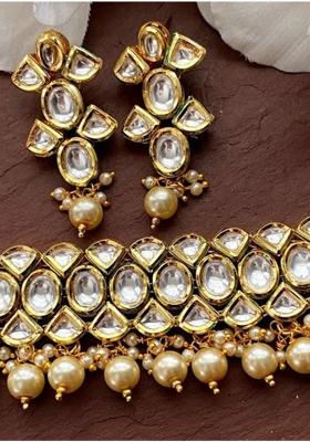 Cream Kundan Stone Work Alloy Necklace Set