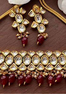 Maroon Kundan Stone Work Alloy Necklace Set