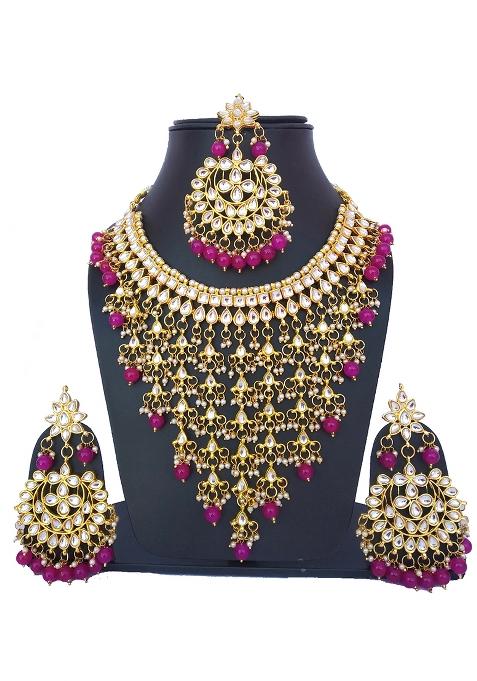 Pink Kundan Stone Work Alloy Necklace Set